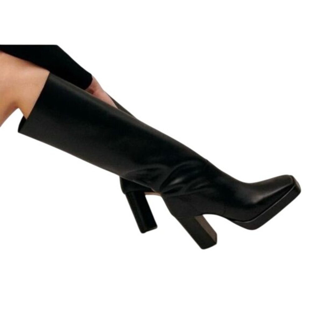 Black Knee-High Heeled Boots - Women's Sleek Platform Boots
